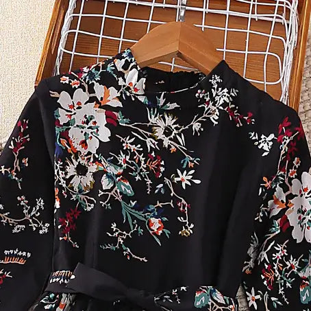 Woman`s Fashionable Black Printed Floral Dress