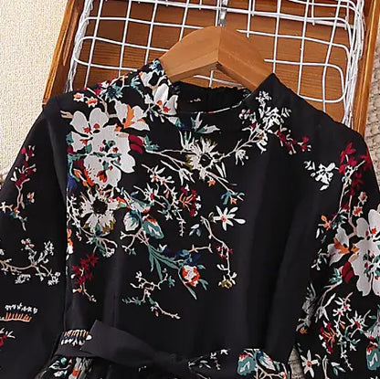 Woman`s Fashionable Black Printed Floral Dress