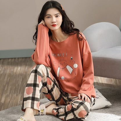 Women Cute Cartoon Print Sleepwear 2 Piece Lounge Set