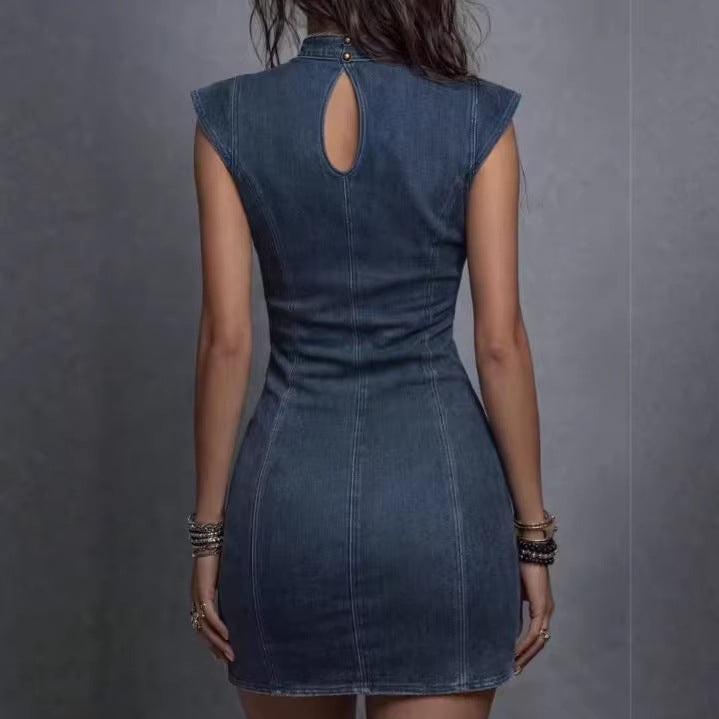 Slim fit Hip Hugging New Faux Denim Dress - Woman`s Clothing