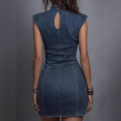 Slim fit Hip Hugging New Faux Denim Dress - Woman`s Clothing