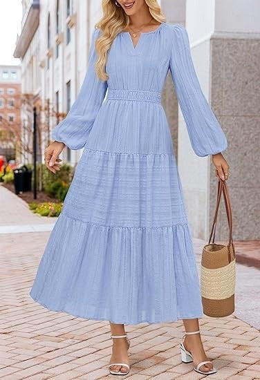 Layered Puffed-sleeve Dress Fashionable Ruffled Maxi Skirt - Woman`s Clothing