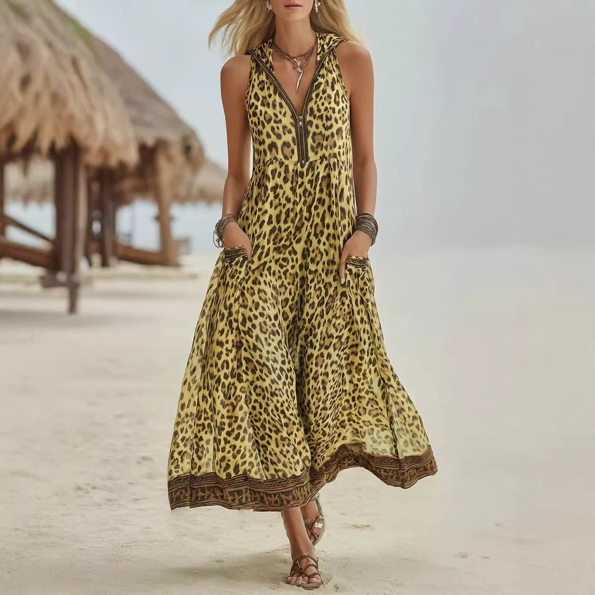 Sleeveless Leopard Print Midi Dress - Woman`s Clothing