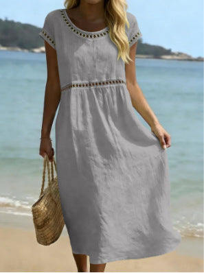 Elegant Round Neck Cotton Dress With Embroidered Lace Trim