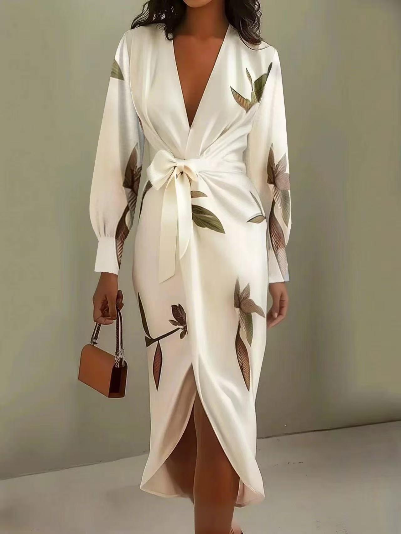 V-neck Long-sleeve Lace-up Printed Maxi Dress - Woman`s Clothing