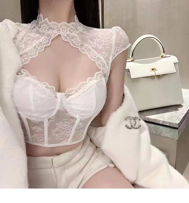 European And American Style Lace Diamond Sexy Cutout Steel Ring Fishbone Slim Fit Crop-top Short Top - Woman`s Clothing