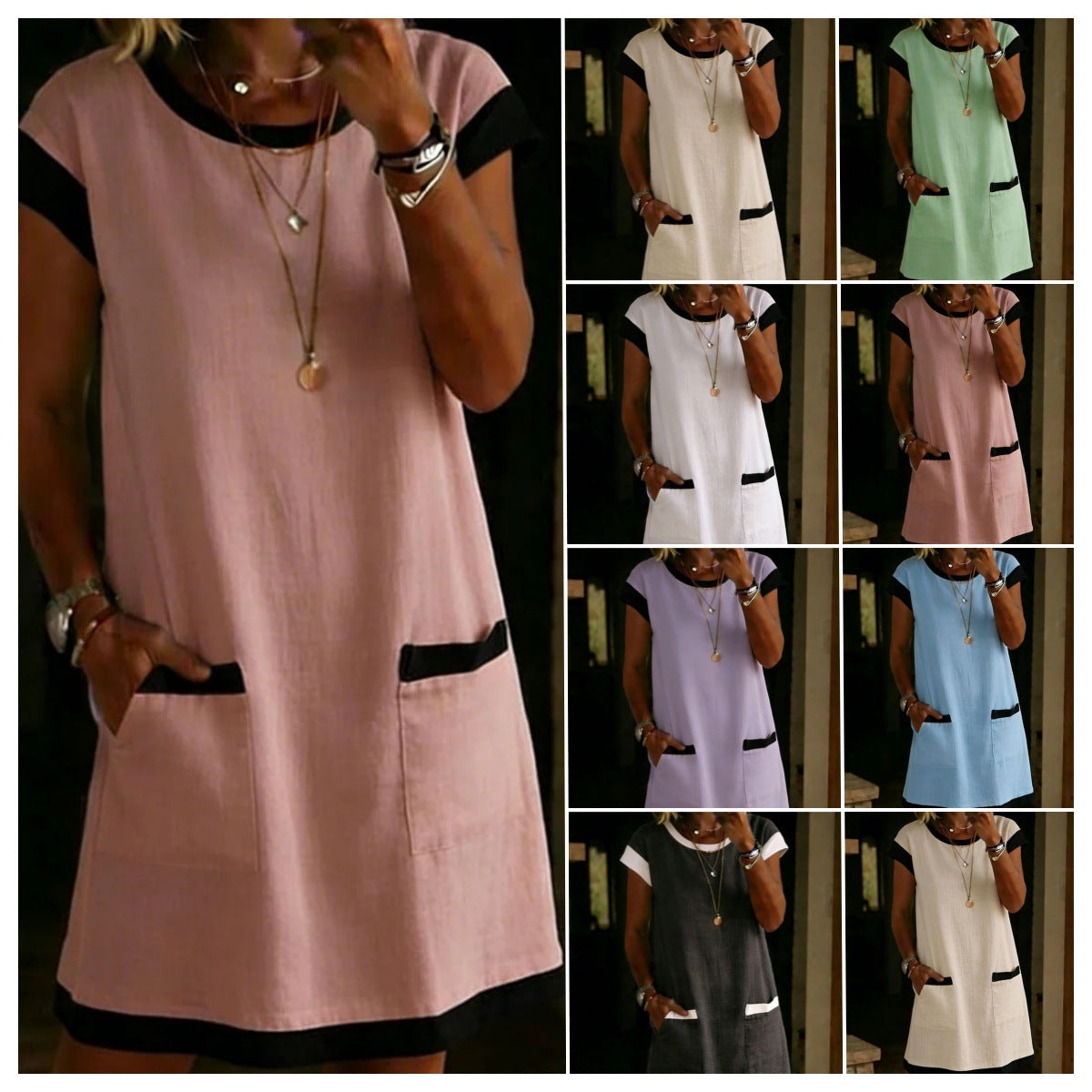 Pullover Pocket Color-Block Straight T-Shirt Mini Dress - Woman`s Clothing