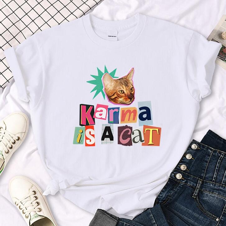 European And American Karma Is A Cat Shirt Printed Casual Round Neck Short Sleeves - Woman`s Clothing