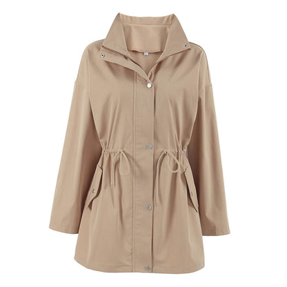 Drawstring Trench Khaki Waist Mid-length Coat