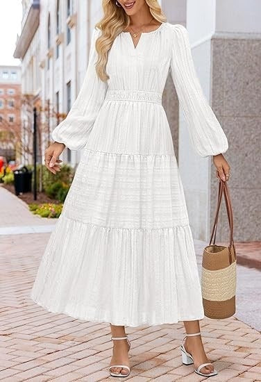 Layered Puffed-sleeve Dress Fashionable Ruffled Maxi Skirt - Woman`s Clothing