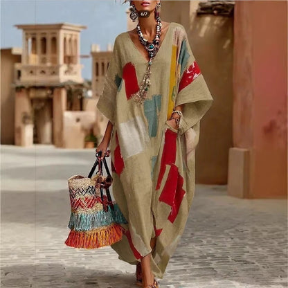 Abstract Print V-Neck Casual Loose Dress - Woman`s Clothing
