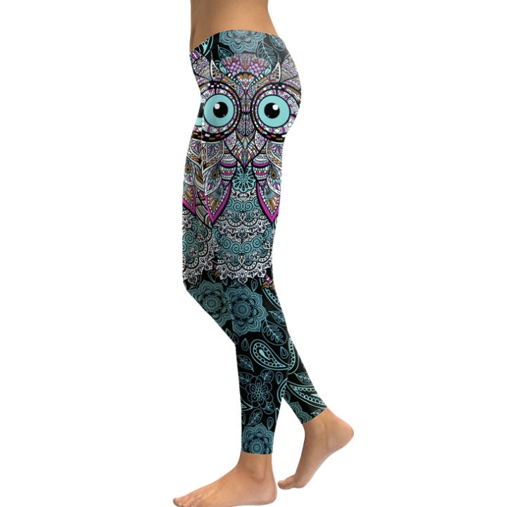 Women`s Cool Owl Digital Print Flower Fitness Workout Leggings