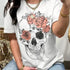 Skull-shaped White Flower Digital Printing T-shirt - Woman`s Clothing