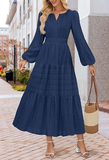 Layered Puffed-sleeve Dress Fashionable Ruffled Maxi Skirt - Woman`s Clothing