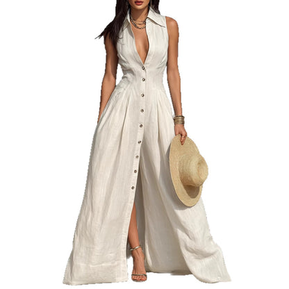 High Waisted Lapel Shirt Style Maxi Dress - Woman`s Clothing