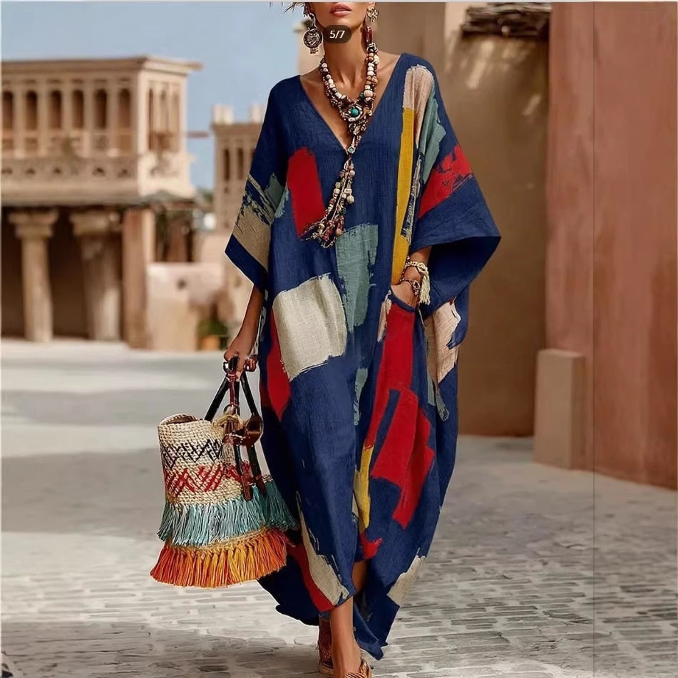 Abstract Print V-Neck Casual Loose Dress - Woman`s Clothing