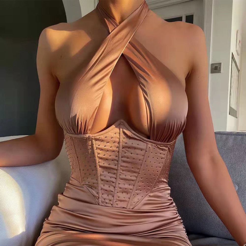 Cutout Halterneck Satin Party Bag Hip Skirt Dress - Woman`s Clothing