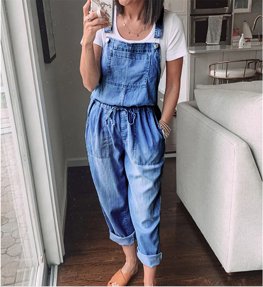 Woman`s Casual Drawstring Denim Overalls