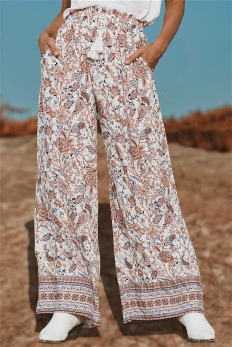 Printed Lanyard Wide Leg Pants Versatile Pants - Woman`s Clothing