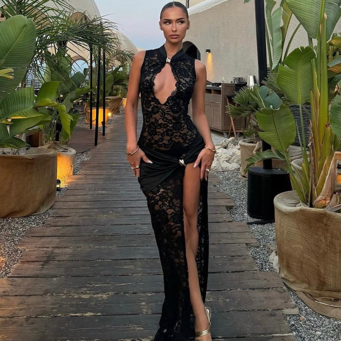 Sexy Fashionable Lace Slit Slim Fit Sleeveless Dress - Woman`s Clothing