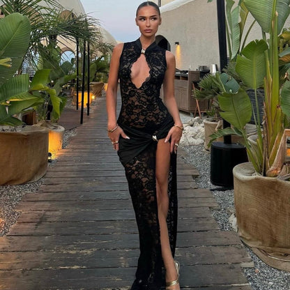 Sexy Fashionable Lace Slit Slim Fit Sleeveless Dress - Woman`s Clothing