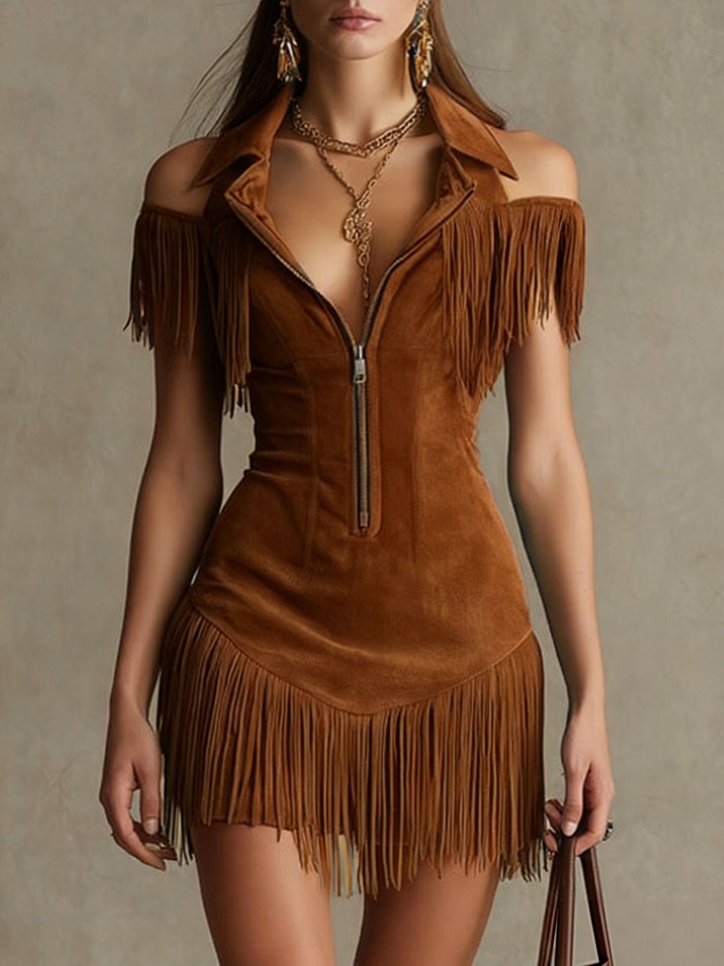 Retro Suede Tassel Off-Shoulder Dress - Woman`s Clothing