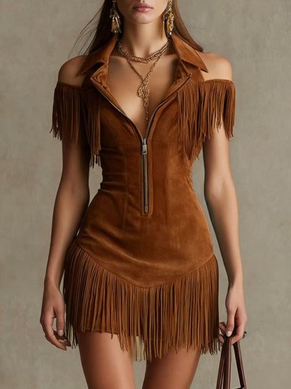 Retro Suede Tassel Off-Shoulder Dress - Woman`s Clothing