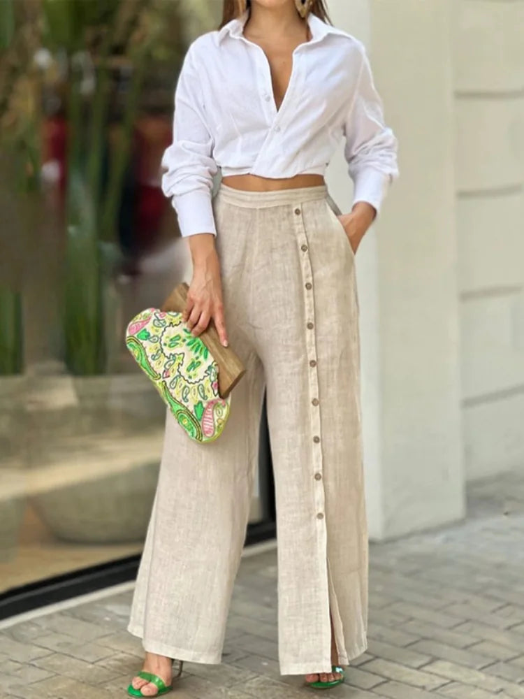 Long Sleeve Nipped Waist Top And Wide Legs Pants