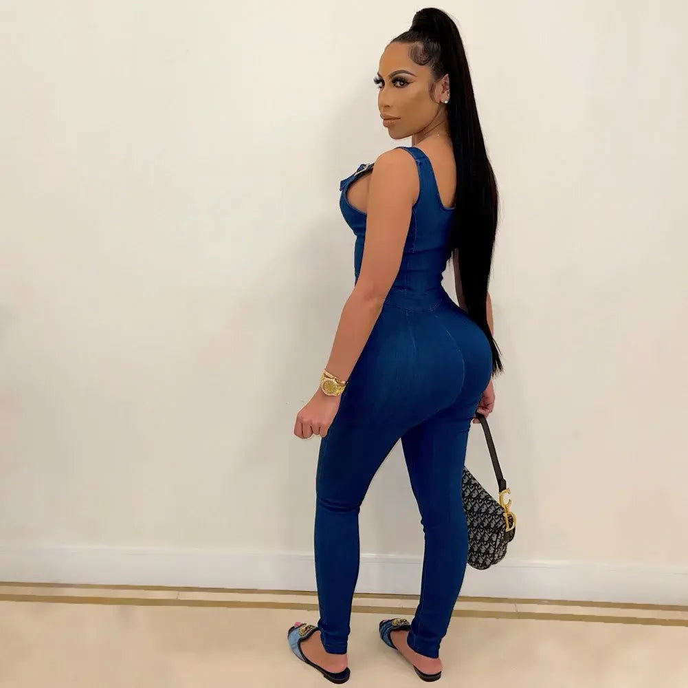 Blue Denim Skinny Casual Overalls - Woman`s Clothing