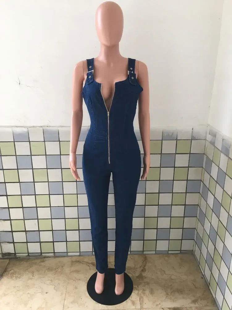 Blue Denim Skinny Casual Overalls - Woman`s Clothing