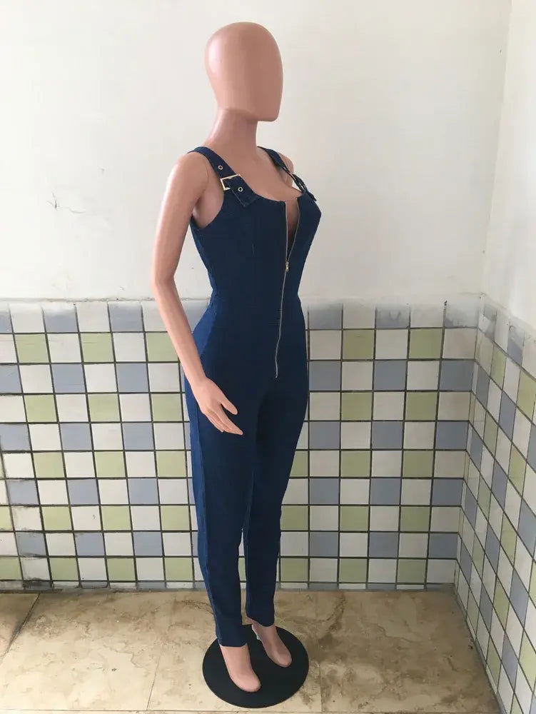Blue Denim Skinny Casual Overalls - Woman`s Clothing