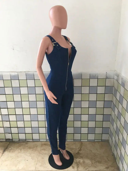 Blue Denim Skinny Casual Overalls - Woman`s Clothing