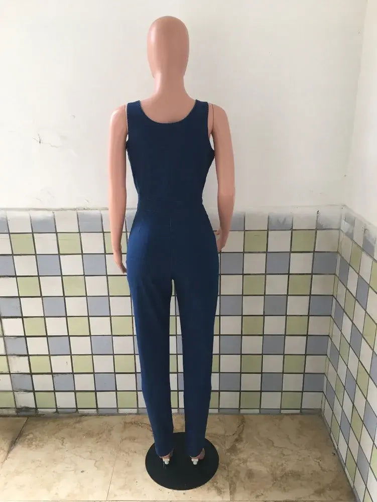 Blue Denim Skinny Casual Overalls - Woman`s Clothing