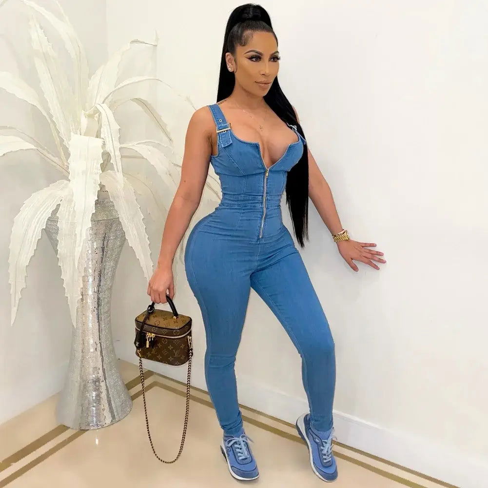 Blue Denim Skinny Casual Overalls - Woman`s Clothing