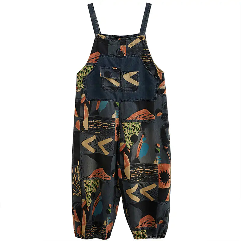 Abstract Print Denim Rompers - Woman`s Clothing