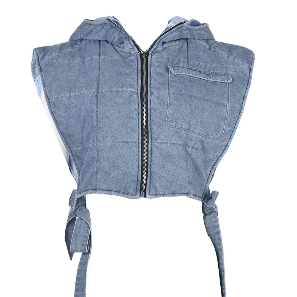 Hooded Denim Vest Jacket - Woman`s Clothing