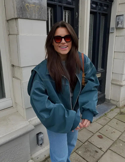 Casual Oversized Leather Jacket - Woman`s Clothing