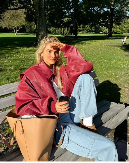 Casual Oversized Leather Jacket - Woman`s Clothing