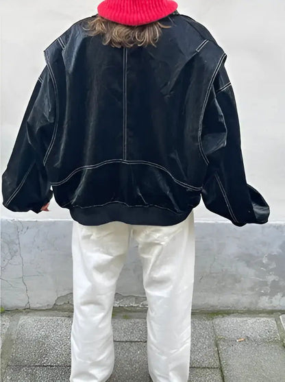 Casual Oversized Leather Jacket - Woman`s Clothing