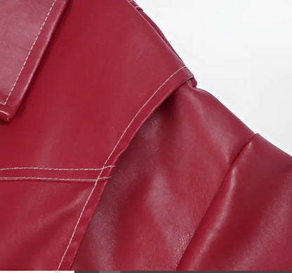 Casual Oversized Leather Jacket - Woman`s Clothing