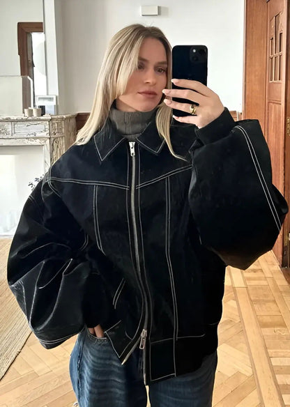 Casual Oversized Leather Jacket - Woman`s Clothing