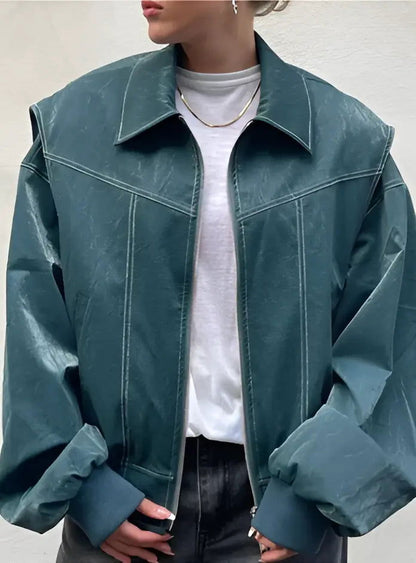 Casual Oversized Leather Jacket - Woman`s Clothing