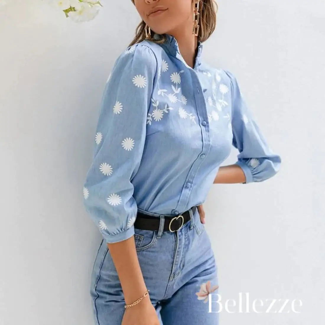 Denim Blue Lace Shirt - Woman`s Clothing