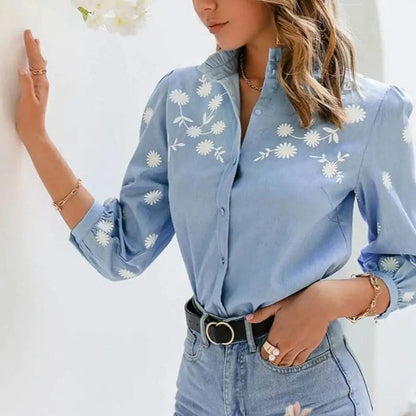 Denim Blue Lace Shirt - Woman`s Clothing