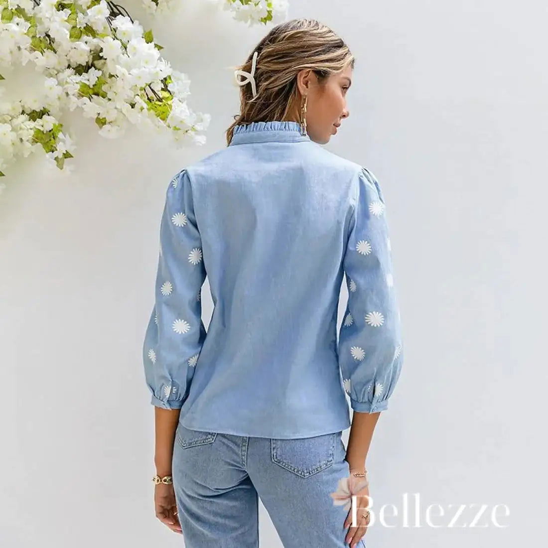 Denim Blue Lace Shirt - Woman`s Clothing