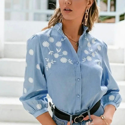 Denim Blue Lace Shirt - Woman`s Clothing