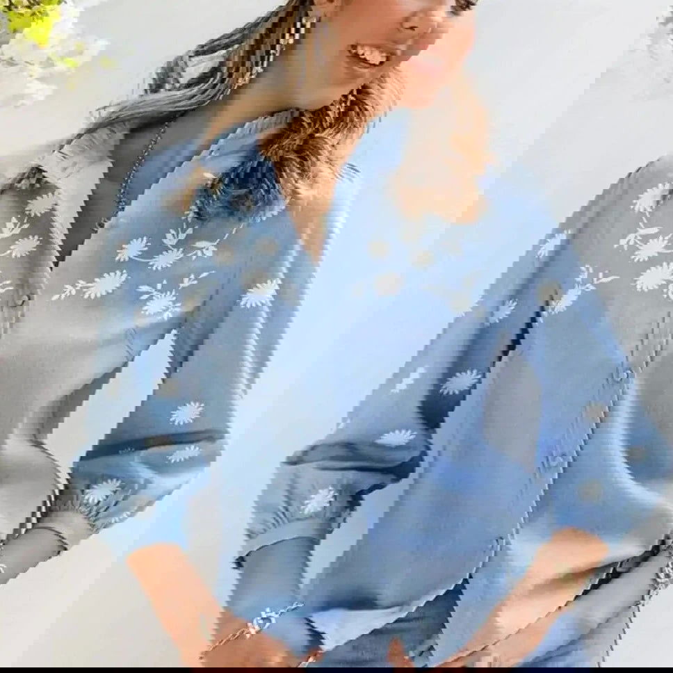 Denim Blue Lace Shirt - Woman`s Clothing