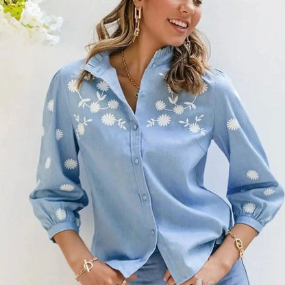 Denim Blue Lace Shirt - Woman`s Clothing