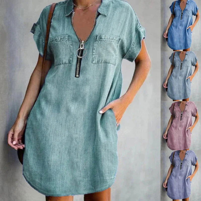 Denim Dress With Zip Closure - Woman`s Clothing