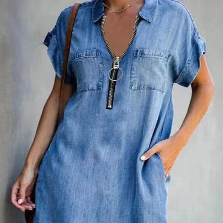 Denim Dress With Zip Closure - Woman`s Clothing